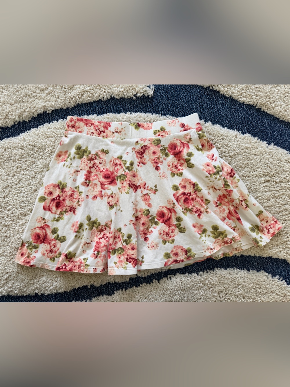 Floral Print White Skirt with Pink Rose Pattern